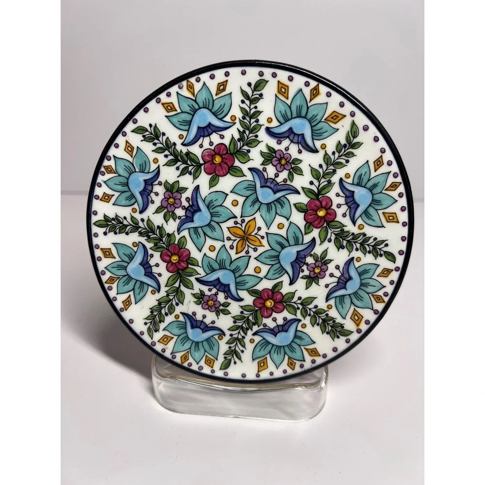 Ceraplat Hand Painted Spain Ceramic Floral Wall Hanging Plate Blue Pink 4.75in